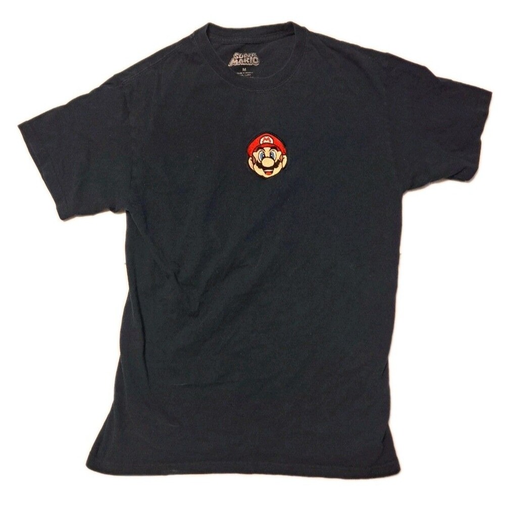 Super Mario Embroidered Men’s Medium Navy Blue T-Shirt 100% Cotton Tee Nintendo